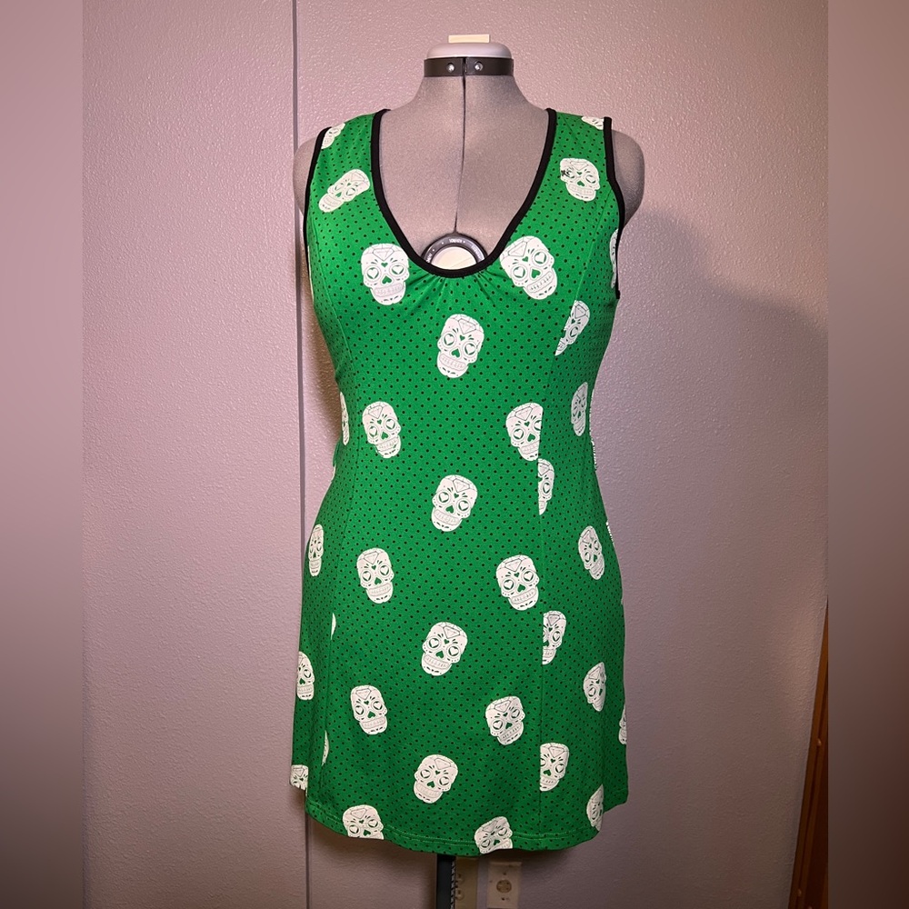 Sourpuss Green Dress with White Skull Print